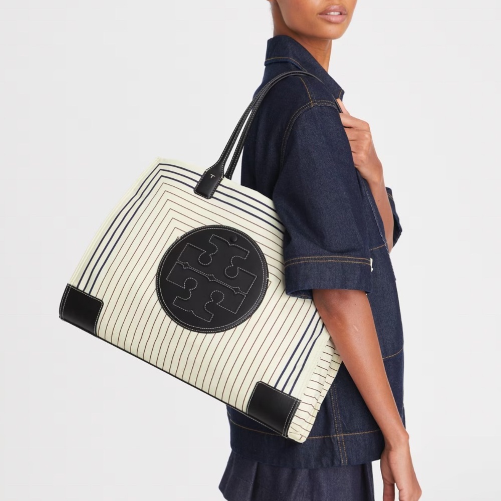 Tory Burch Ella Tote Black and Cream Striped Tote